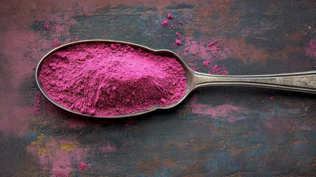 A close-up of a silver spoon filled with pink powder on a dark surface