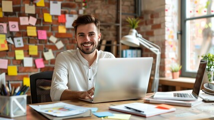 young smiling CEO Managing Career from Office Desk
