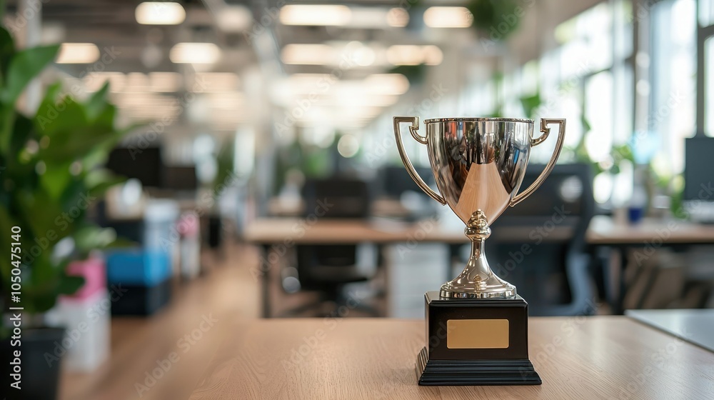 Poster office success concept with a trophy on a desk in a modern office.