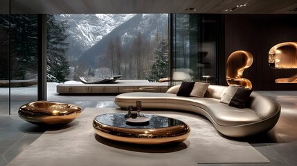 Obraz premium Sleek and Futuristic Modern Living Room with Glass Furniture and Metallic Finishes