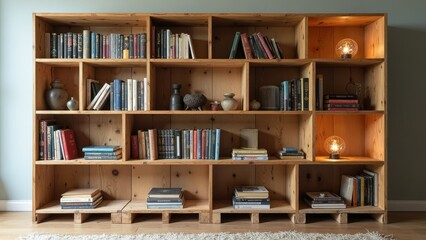 Rustic Modular Bookshelf from Recycled Pallets Accented with Warm Light