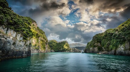 A picturesque view of the New Zealand fjords with lush green cliffs and turquoise waters under a dramatic sky, fjord setting with natural splendor, Dramatic style