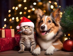 dog and cat in christmas hat