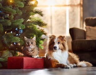 christmas dog and cat and gifts