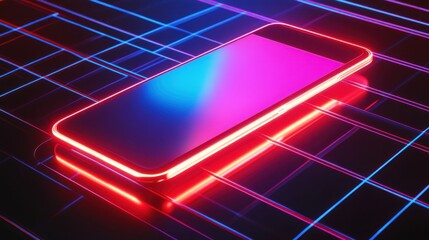 A sleek smartphone mockup casts vibrant shadows on a glowing grid below