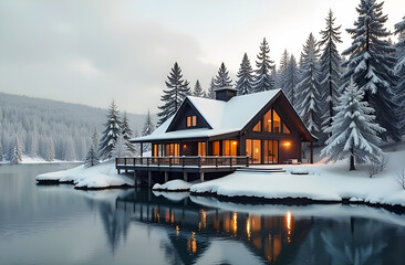 house on the shore of a frozen lake in a winter forest