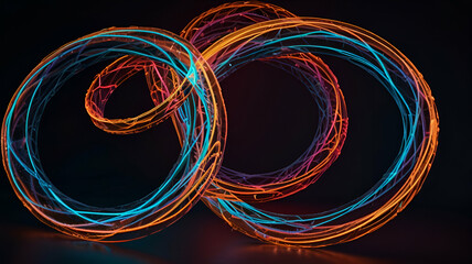 Floating neon rings creating spiraling, intricate shapes. Wallpaper