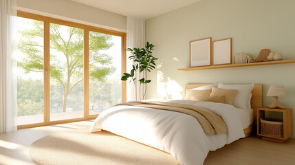 Fototapeta premium A childrenâs bedroom with bright pastel walls, a cozy bed with light bedding, and natural wooden furniture. The room includes a small bookshelf, a few simple decor items, and a win