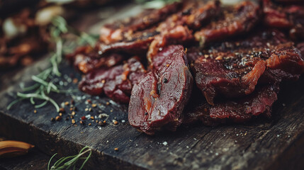 Close up jerked meat, cow, deer, wild beast or biltong 