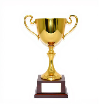 Goldener Pokal auf Holzsockel
