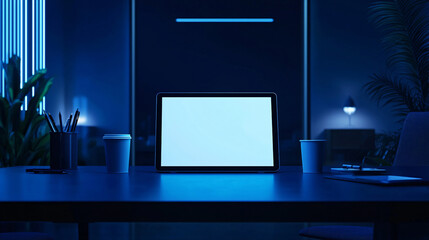 Corporate Workspace with Tablet Mock-up in Futuristic Minimalist Design