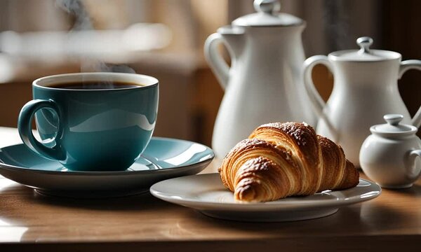  a cup of coffee and a fresh croissant or delicious French cake served at the table. Morning at home