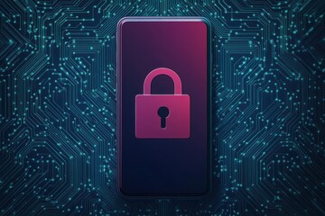 A smartphone with a padlock icon on a digital circuit background, symbolizing security and privacy in technology.