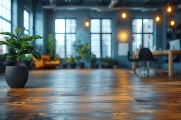 Blurred office with AI-driven task delegation systems, free space for text 