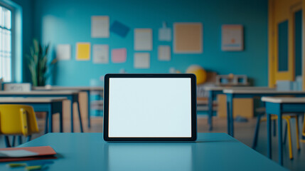 Mock-up of Tablet with Blank Screen on Classroom Desk for Digital Learning