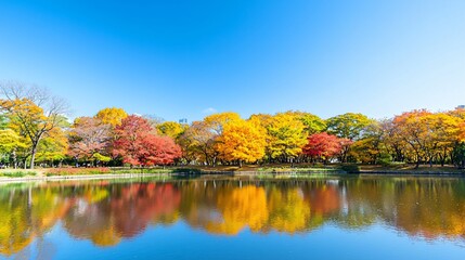A serene lakeside view with vibrant autumn foliage reflecting on the calm water under a clear blue sky.