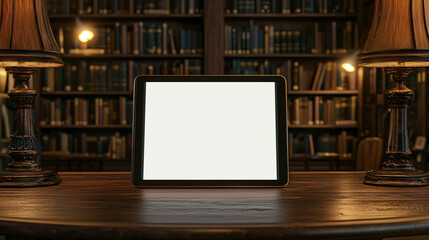 Mock-up of Tablet with Blank Screen on Wooden Desk in Classic Library Setting