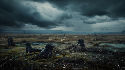 Stormy Abandoned Landscape: Fields under the Darkened Sky