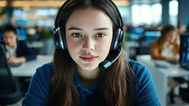 A young woman in technical support, speaking confidently through her headset while typing on her keyboard