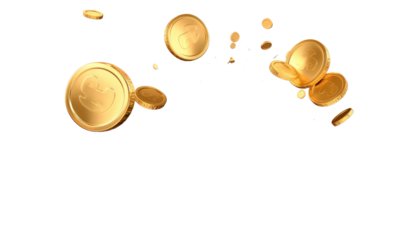 Gold coin, falling on transparent background