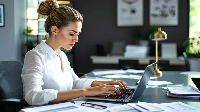 A business lawyer woman, with her hair tied in a bun, works on a laptop at a large desk filled with legal documents. The office has a professional