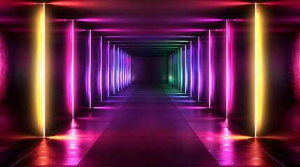 Fototapeta premium Futuristic Neon-lit Corridor with Vertical Beams