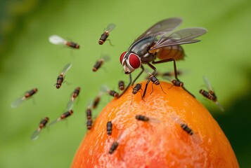 _. Fruit Fly's Fruit Feast Tiny fruit flies swarm over ripe frui