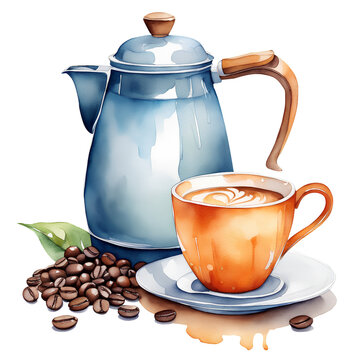 watercolor coffee pot and cup clip art preview