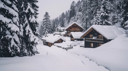 A picturesque village in the Swiss Alps with charming chalets and snow-covered slopes, winter setting with crisp white snow, Alpine style