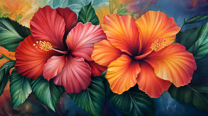 Obraz premium The image is a digital artwork of three hibiscus flowers in different colors of red, orange, and yellow.
