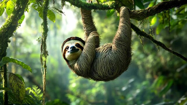 A sloth hangs upside down from a tree branch in a lush, green rainforest