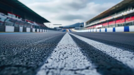 Close-up of two white lines on a black asphalt racetrack with blurred background.