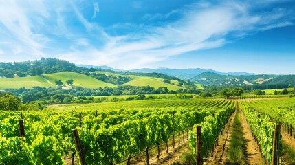 A picturesque vineyard in Napa Valley with rolling hills and grapevines under a clear blue sky, countryside setting with lush scenery, Elegant style