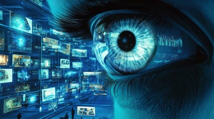 A close-up digital illustration of an eye reflecting a multitude of screens, symbolizing surveillance, data overload, or advanced technology's impact on human perception.