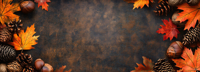 Colorful fall leaves, nuts and pine cones. Corner border over a rustic dark banner background. Overhead view with copy space.