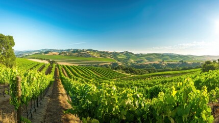 Fototapeta premium A picturesque vineyard with rolling hills and rows of grapevines under a clear blue sky, scenic setting with lush green colors, Vineyard style