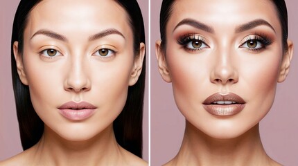 A captivating before and after transformation photo showcasing the effect of makeup on a beautiful woman