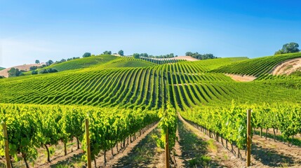 A picturesque vineyard with rolling hills and rows of grapevines under a clear blue sky, scenic setting with lush green colors, Vineyard style