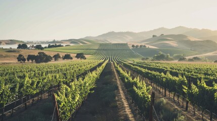 Naklejka premium A picturesque vineyard with rows of grapevines and rolling hills at sunset, Winery setting with romantic charm, Romantic style