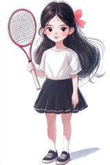 Cheerful Anime Girl with Tennis Racket in Cute Outfit