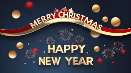 Naklejka premium Merry Christmas and Happy New Year with Gold Waves, Glittering Ornaments, and Fireworks 3D Design. Festive Banner and Web Poster, Greeting Card, Flyer and Brochure.