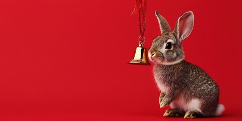 Fototapeta premium Cute Rabbit with Christmas Bell on Red Background