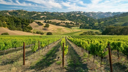 Fototapeta premium A picturesque vineyard with rows of grapevines and rolling hills in the background, pastoral setting with serene views, Rustic style