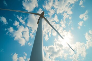 A wind turbine generating renewable energy against a bright blue sky filled with fluffy clouds during daylight hours