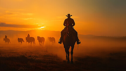 Silhouette art image of a cowboy riding a horse in a wide field