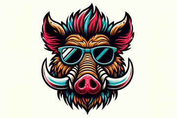 Fototapeta premium Colorful character boar with sunglasses, tusks, mohawk hairstyle, visually interesting and intricate design, playful and unique illustration, lively animal character, ideal for eye-catching artwork,