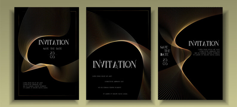 Golden Luxury invitation card background. Organic gold line gradient on dark.  Premium elegant design for gala card, grand opening, party invitation, layout, templates.