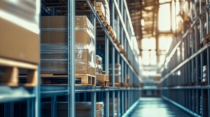 Obraz premium Modern Industrial Warehouse with Organized Storage Racks and Conveyor System