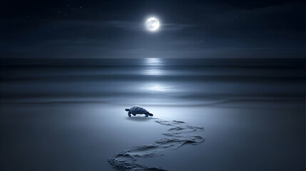 Fototapeta premium A lone sea turtle walks on a sandy beach under a full moon and starry sky.
