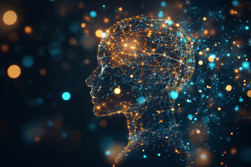 Abstract human head with digital brain and glowing connections against dark bokeh background. Concept of artificial intelligence technology AI or virtual reality.